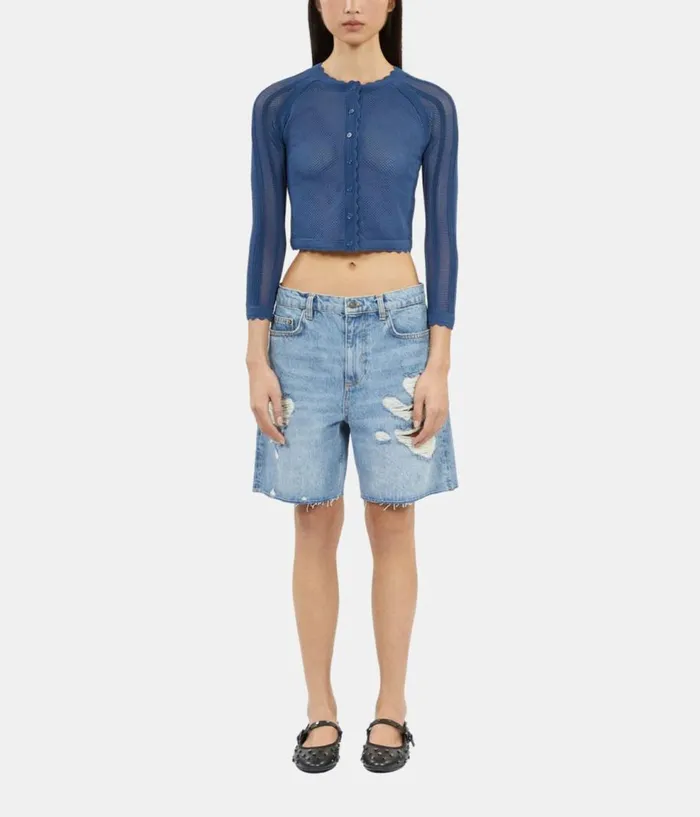 Women Sweaters THE KOOPLES Short Blue Openwork Knit Cardigan Women Sweaters THE KOOPLES Short Blue Openwork Knit Cardigan