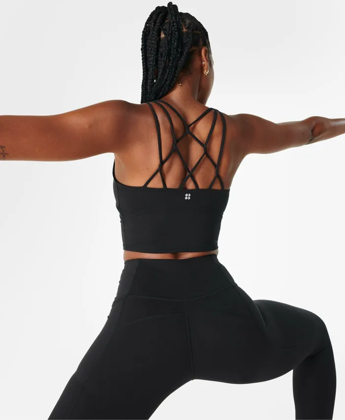 Women Sweaty Betty Super Soft Crop Strappy Back Workout Bra Tank Black Vest Tops