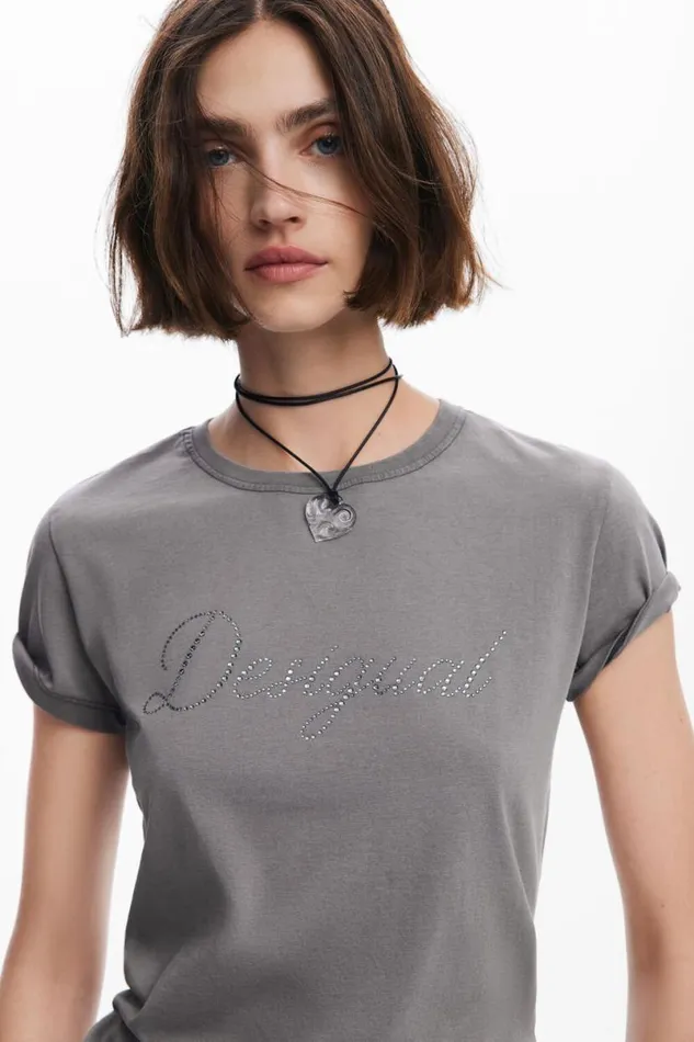 Women Tshirts Desigual Slim Rhinestone Tshirt
