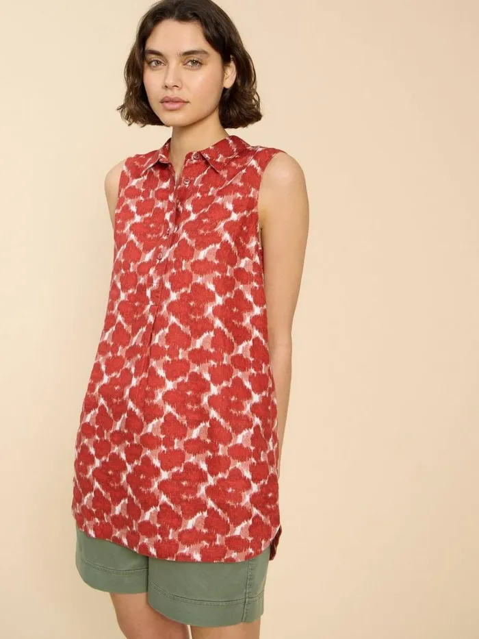 Women TOPS and TEES White Stuff Evelyn Sleeveless Linen Tunic Red Print