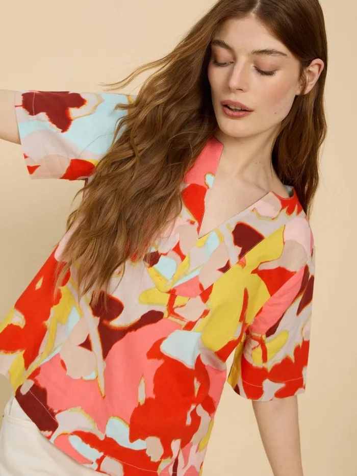 Women TOPS and TEES White Stuff Jamie Linen Blend Top Orange Print