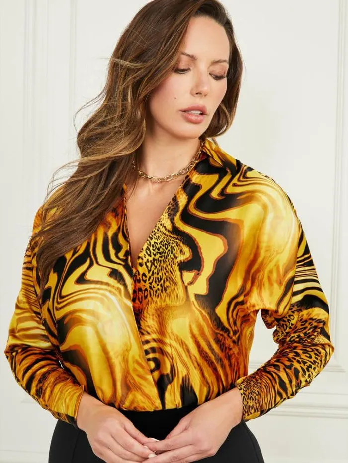 Women Tops And Sweaters Marciano Golden Sunset LongSleeve Bodysuit Golden Sunset Print Women Tops And Sweaters Marciano Golden Sunset LongSleeve Bodysuit Golden Sunset Print