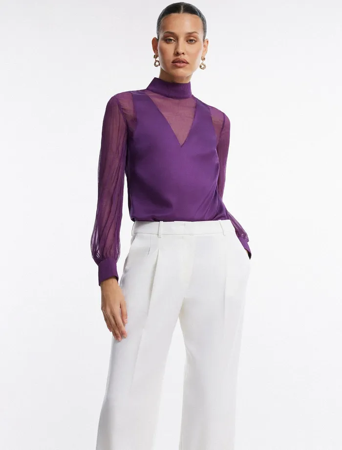 Women Tops BCBG Purple Plunging Sheer Panel Top Plum