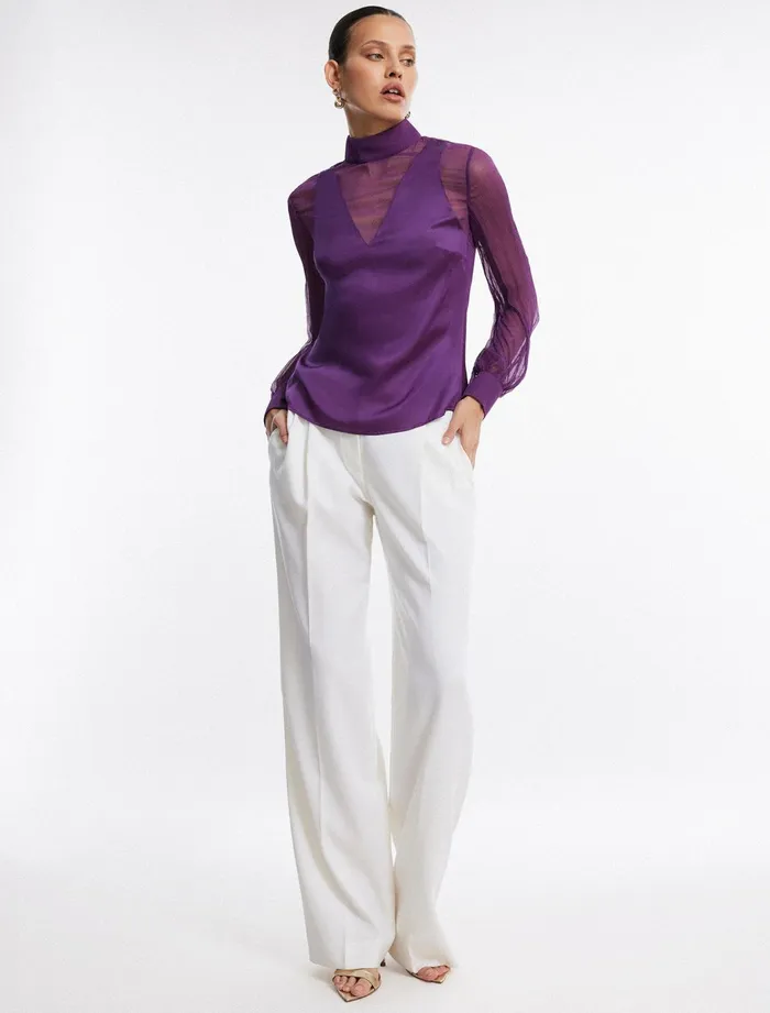 Women Tops BCBG Purple Plunging Sheer Panel Top Plum