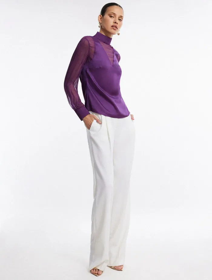 Women Tops BCBG Purple Plunging Sheer Panel Top Plum