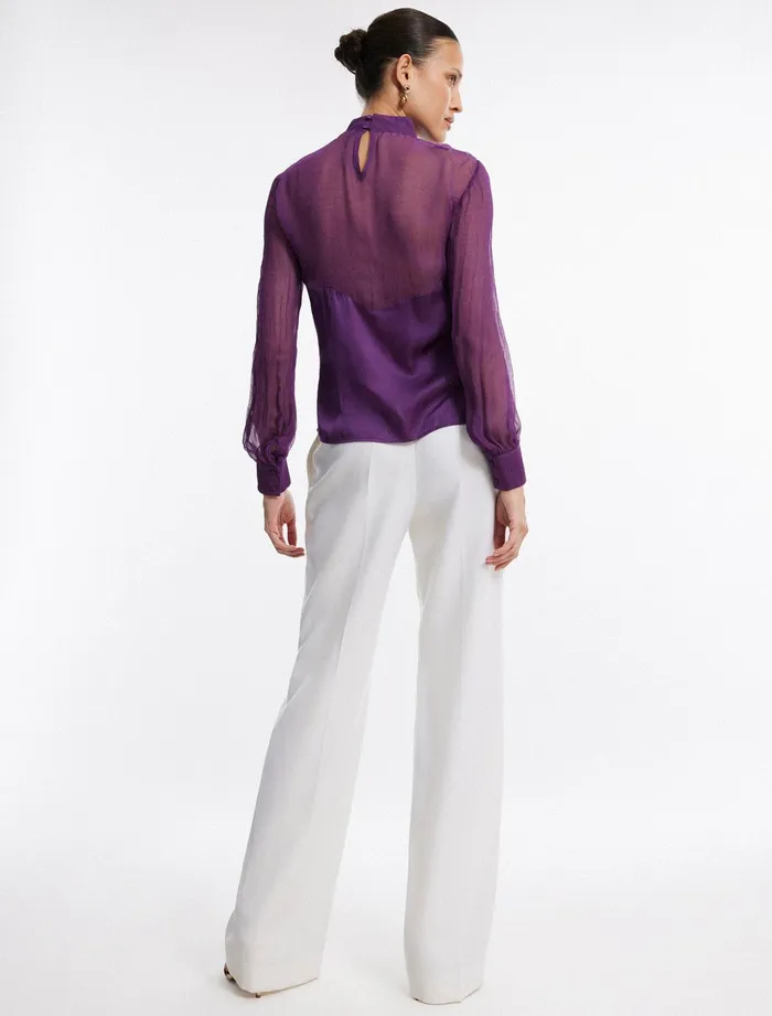 Women Tops BCBG Purple Plunging Sheer Panel Top Plum