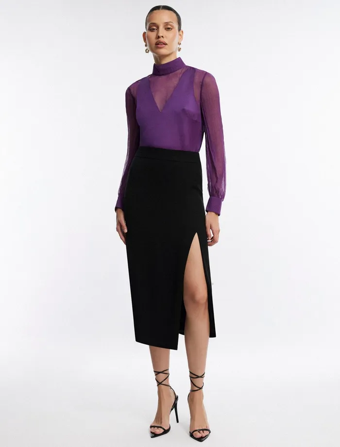 Women Tops BCBG Purple Plunging Sheer Panel Top Plum
