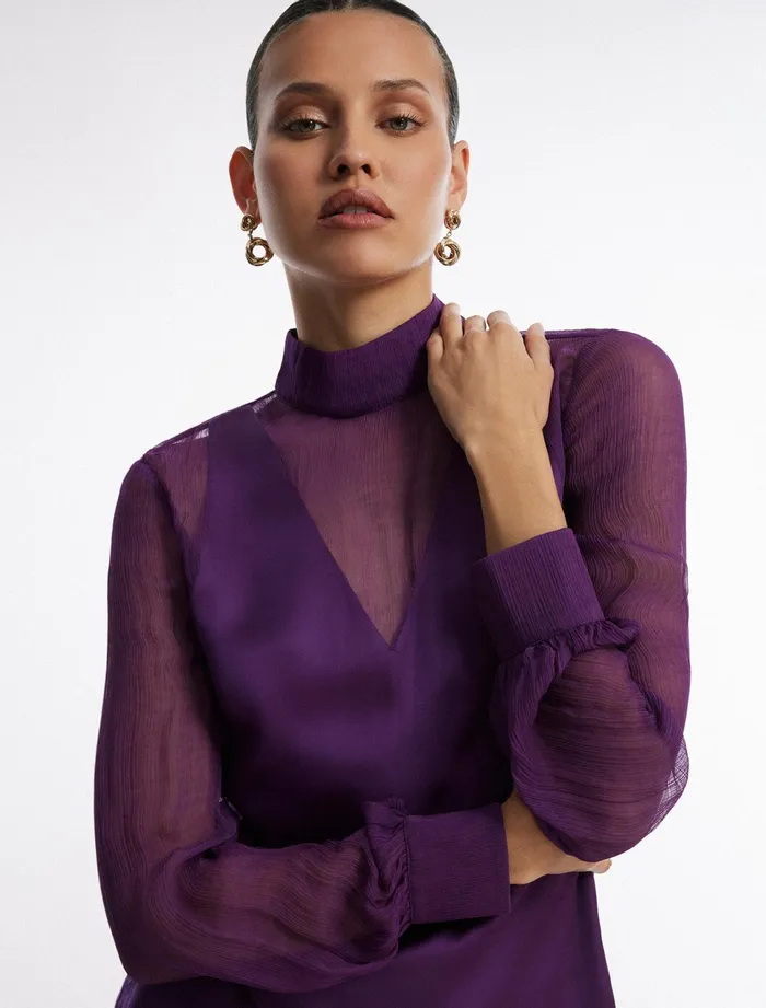 Women Tops BCBG Purple Plunging Sheer Panel Top Plum