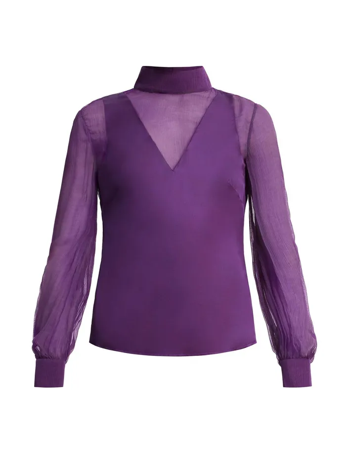 Women Tops BCBG Purple Plunging Sheer Panel Top Plum