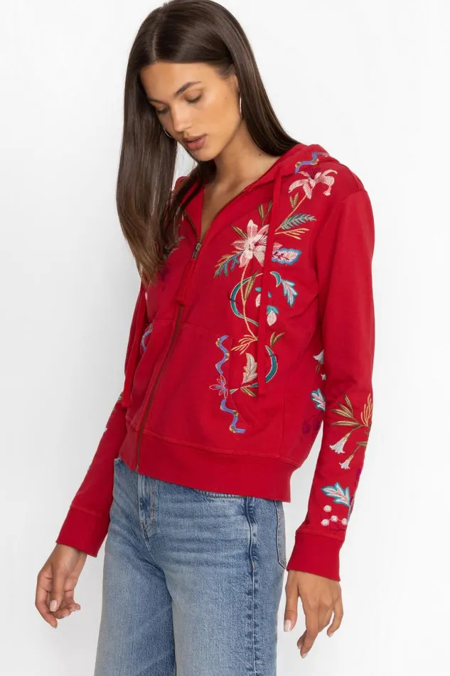 Women Tops Johnny Was AMARYLLA ZIP UP HOODIE Equestrian Red