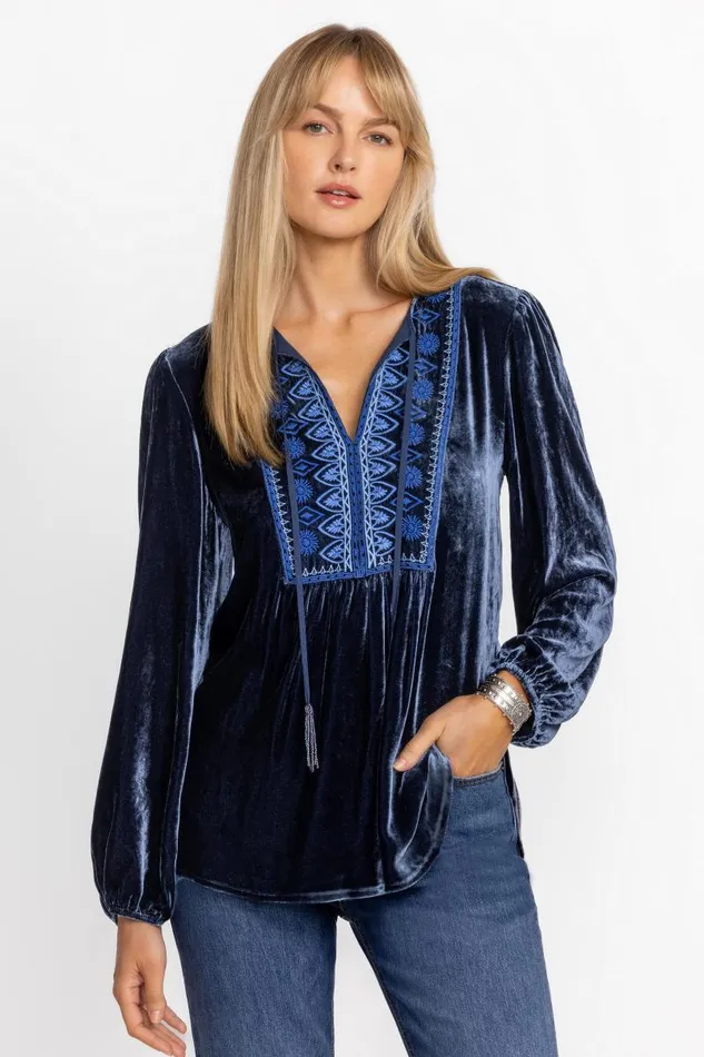 Women Tops Johnny Was CURVED HEM PRAIRIE BLOUSE Marine Blue