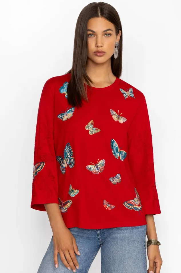 Women Tops Johnny Was KIMONO SLEEVE TEE Equestrian Red