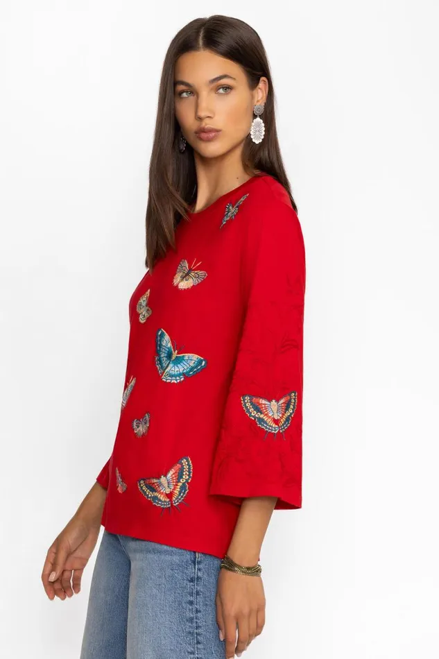 Women Tops Johnny Was KIMONO SLEEVE TEE Equestrian Red
