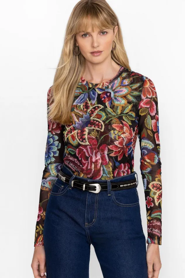 Women Tops Johnny Was NATALIE LONG SLEEVE MESH TEE Antiqua Flower Print