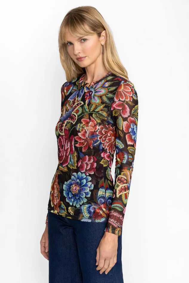 Women Tops Johnny Was NATALIE LONG SLEEVE MESH TEE Antiqua Flower Print Women Tops Johnny Was NATALIE LONG SLEEVE MESH TEE Antiqua Flower Print