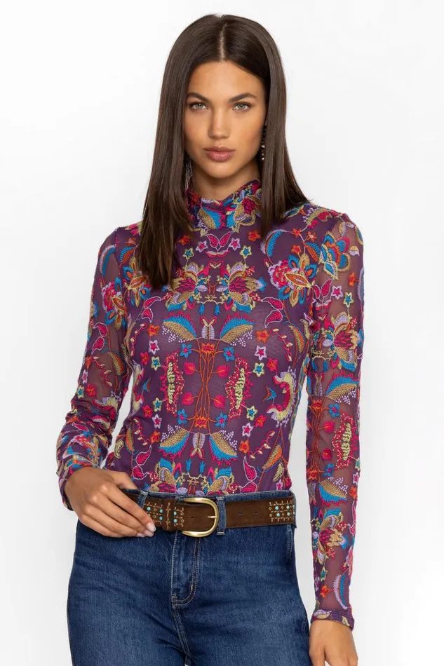 Women Tops Johnny Was REBECCA MESH MOCK NECK LONG SLEEVE TEE Ethel