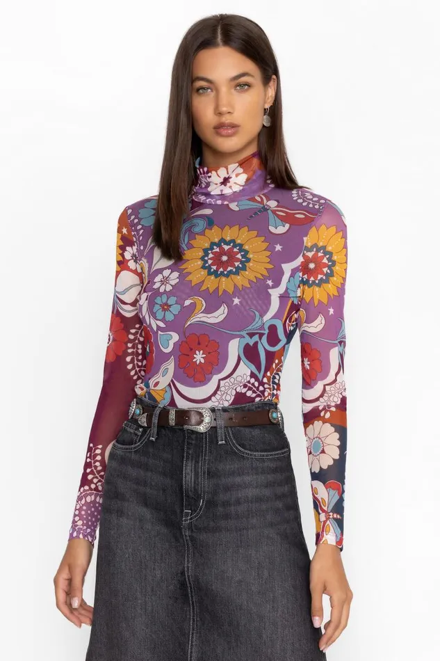 Women Tops Johnny Was REBECCA MESH MOCK NECK LONG SLEEVE TEE Tavie