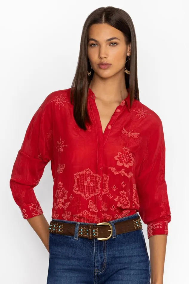 Women Tops Johnny Was SLIM AUDREY BUTTON DOWN Equestrian Red