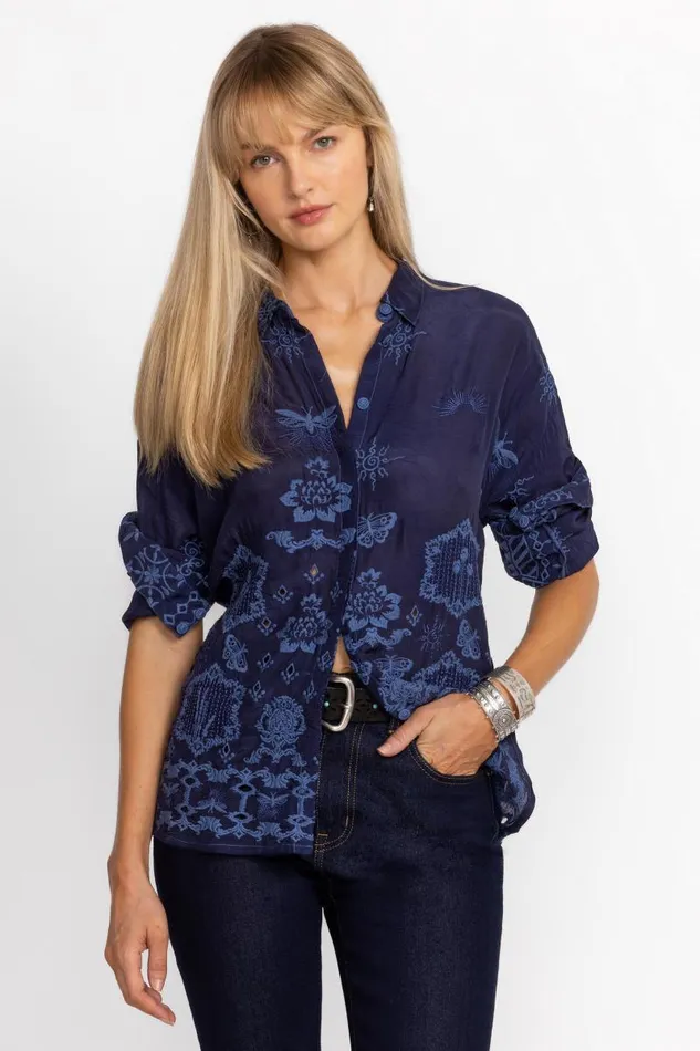 Women Tops Johnny Was SLIM AUDREY BUTTON DOWN Navy