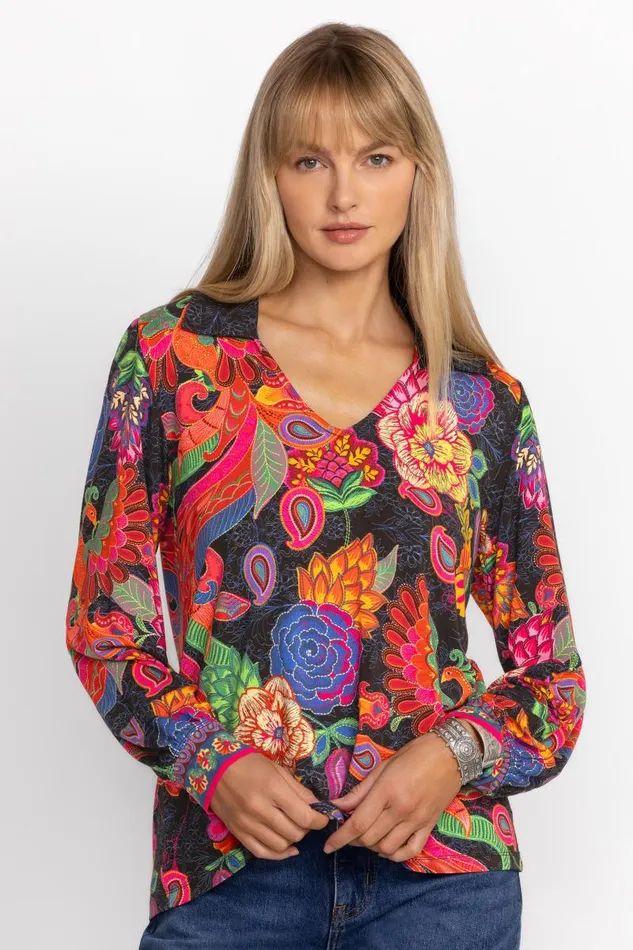 Women Tops Johnny Was THE JANIE FAVORITE PUFF SLEEVE POLO Emberwing Scarf Print