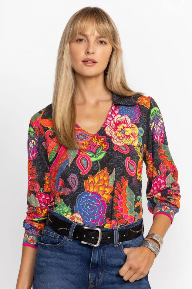 Women Tops Johnny Was THE JANIE FAVORITE PUFF SLEEVE POLO Emberwing Scarf Print Women Tops Johnny Was THE JANIE FAVORITE PUFF SLEEVE POLO Emberwing Scarf Print