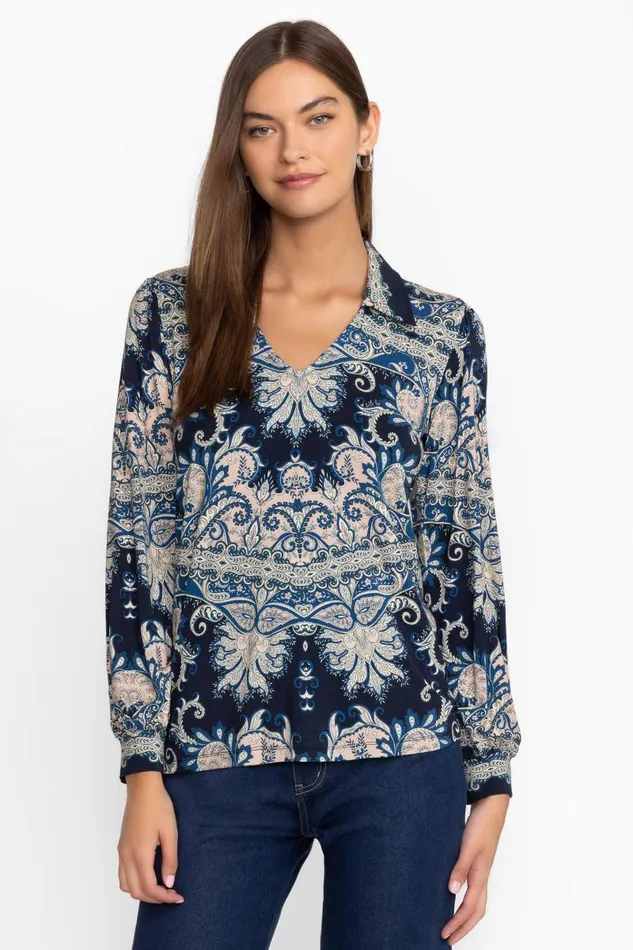 Women Tops Johnny Was THE JANIE FAVORITE PUFF SLEEVE POLO Roman Paisey Scarf Print Women Tops Johnny Was THE JANIE FAVORITE PUFF SLEEVE POLO Roman Paisey Scarf Print
