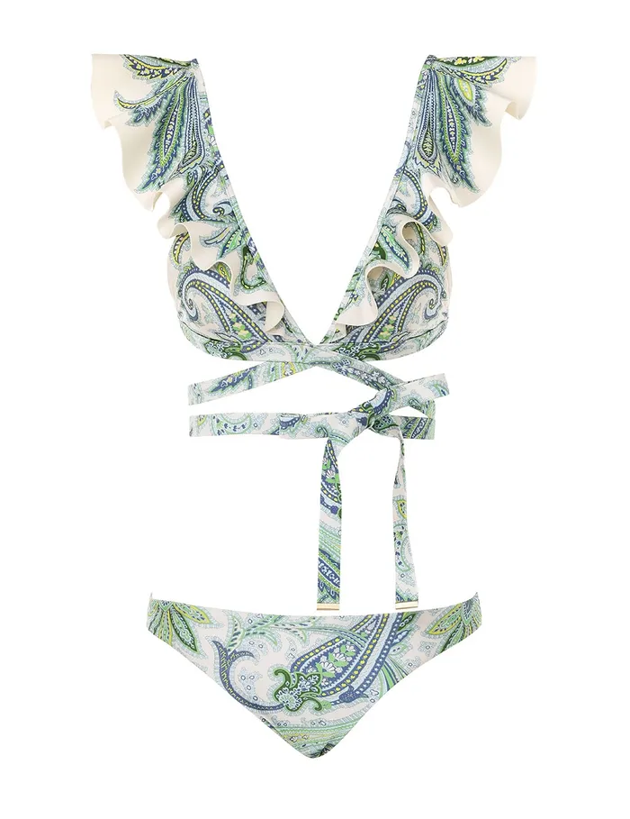 Women Zimmermann Bikinis Ottie Wrap Ruffle Bikini Green Paisley
