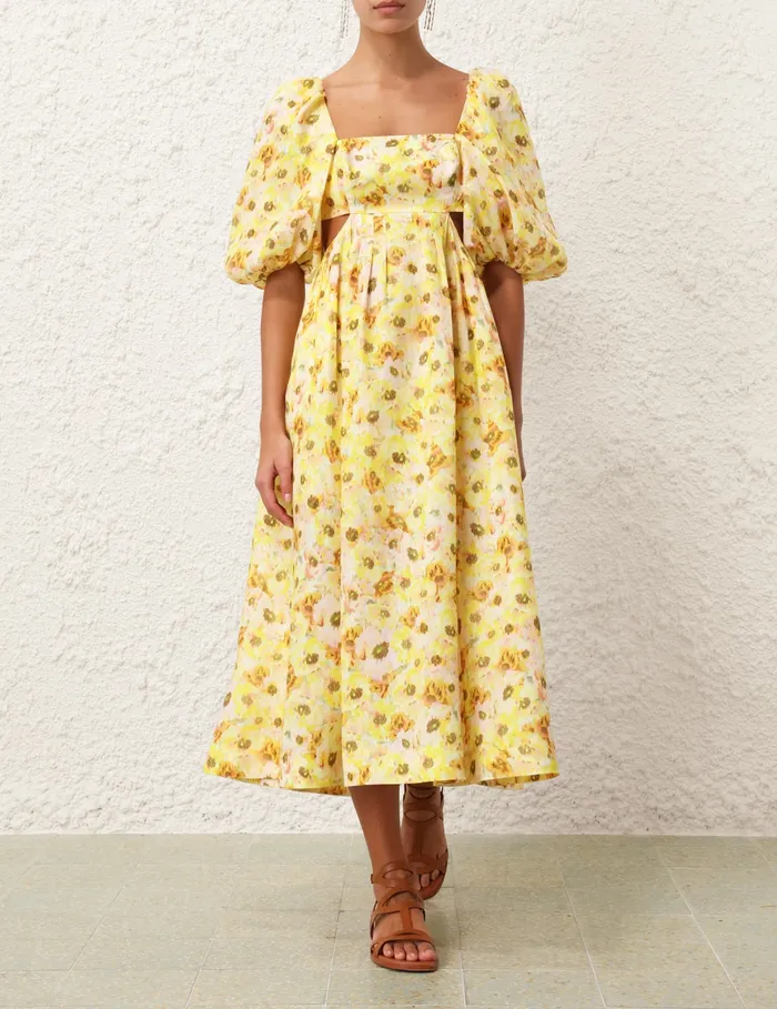 Women Zimmermann Clothing Lightburst Cut Out Midi Dress Yellow Floral