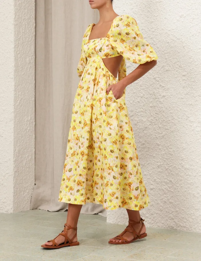 Women Zimmermann Clothing Lightburst Cut Out Midi Dress Yellow Floral