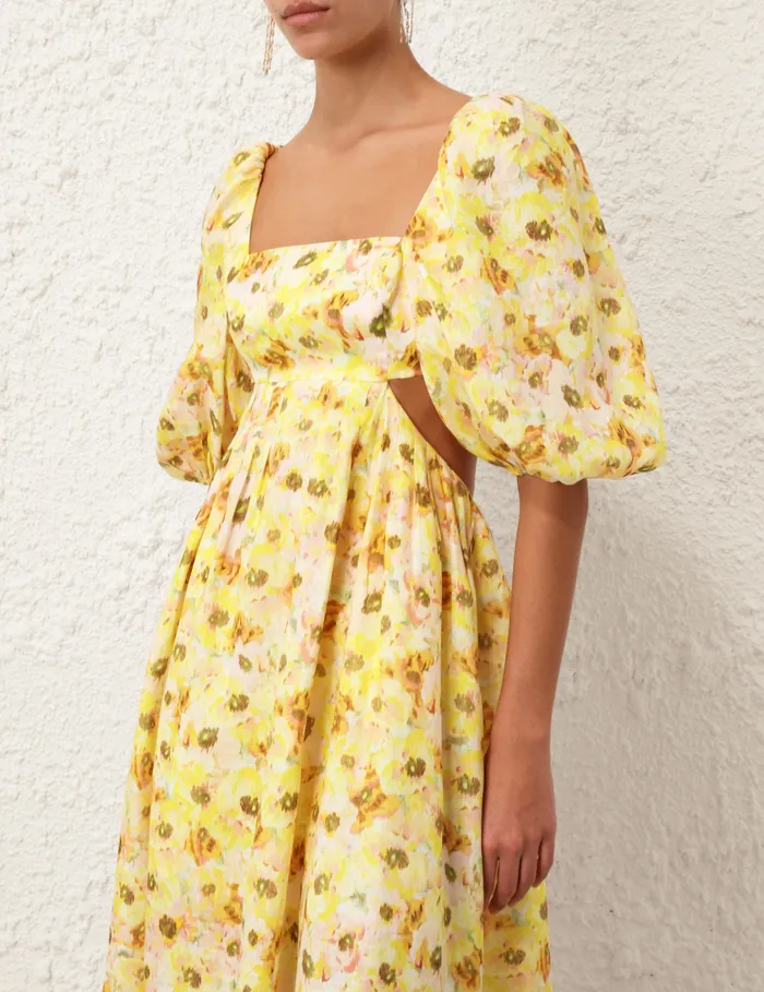 Women Zimmermann Clothing Lightburst Cut Out Midi Dress Yellow Floral