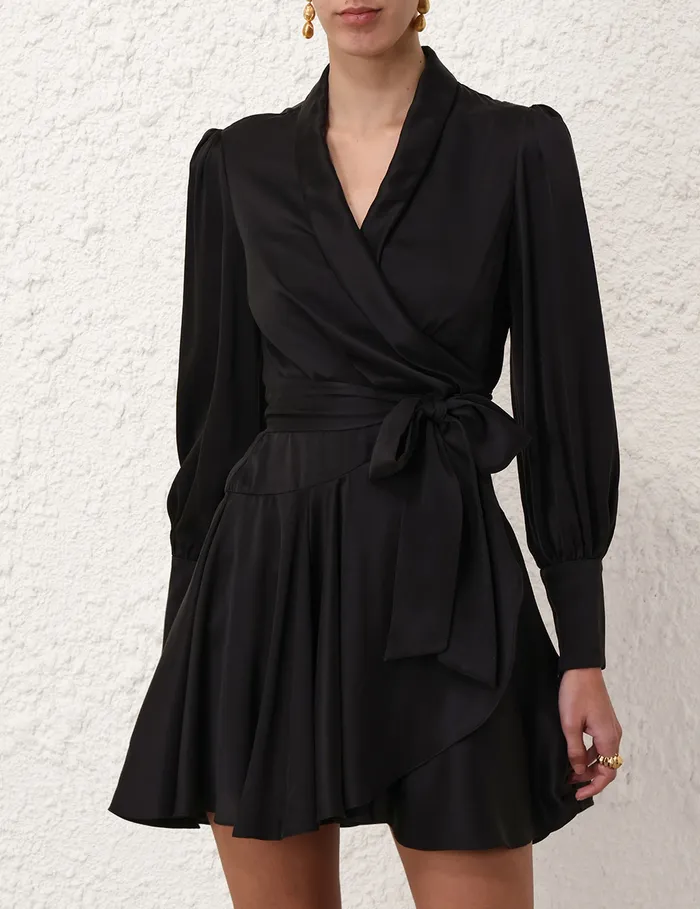 Women Zimmermann Clothing Silk Wrap Mini Dress Black