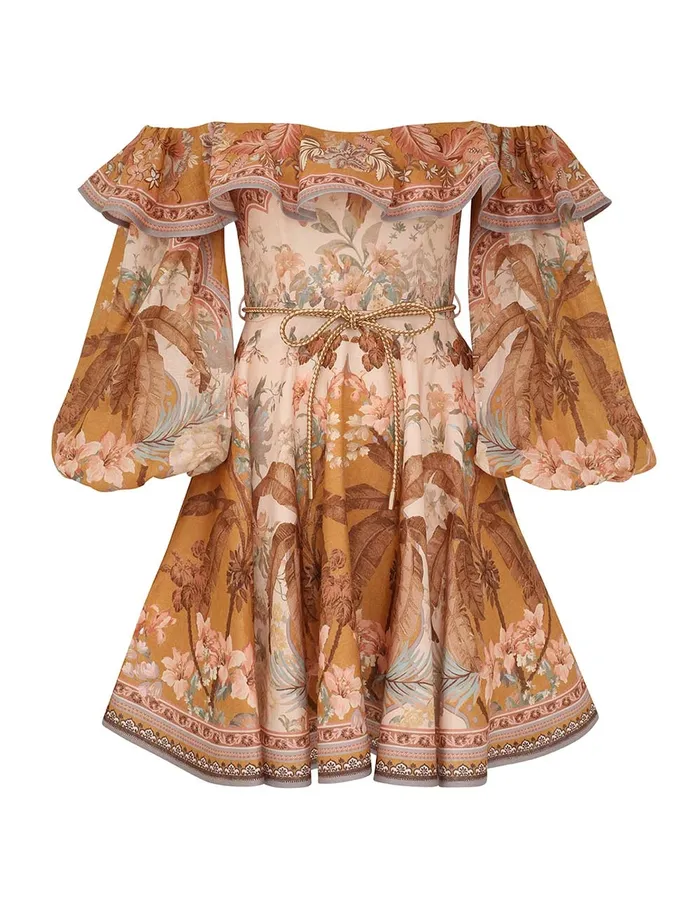 Women Zimmermann Clothing Wylie OffShoulder Mini Dress Mustard Floral