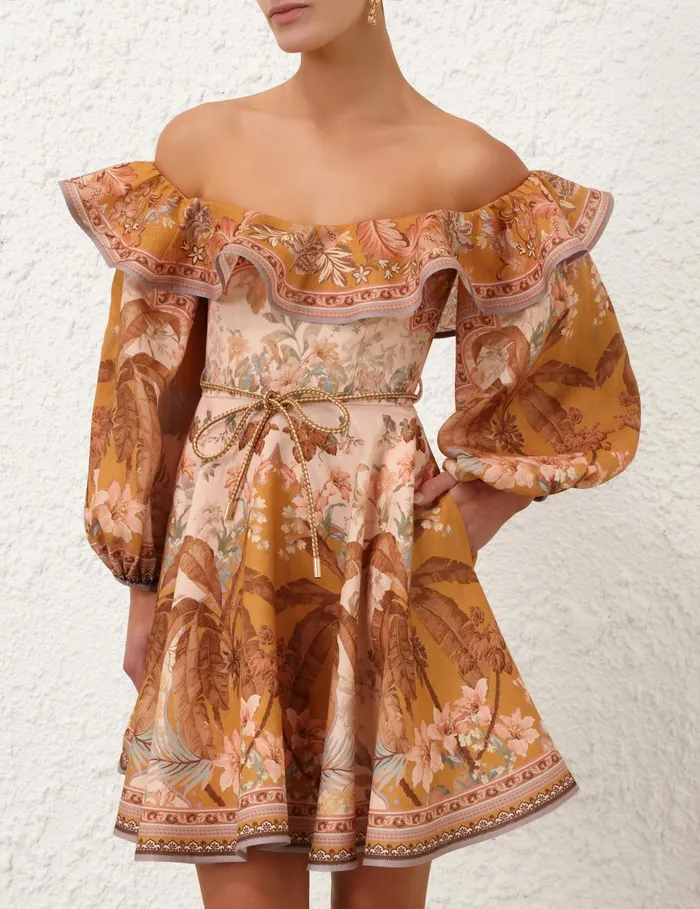 Women Zimmermann Clothing Wylie OffShoulder Mini Dress Mustard Floral
