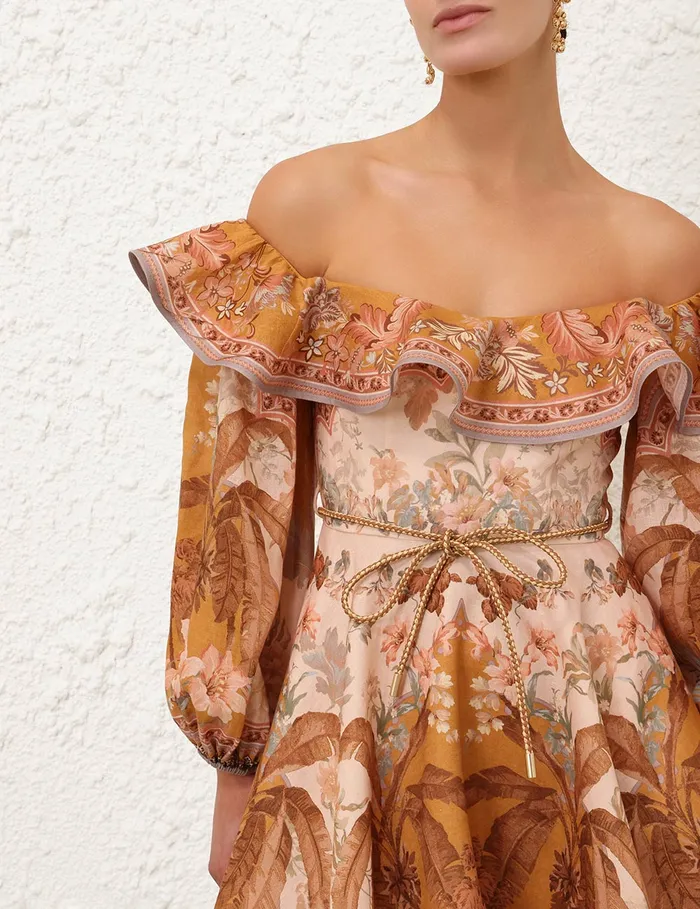 Women Zimmermann Clothing Wylie OffShoulder Mini Dress Mustard Floral