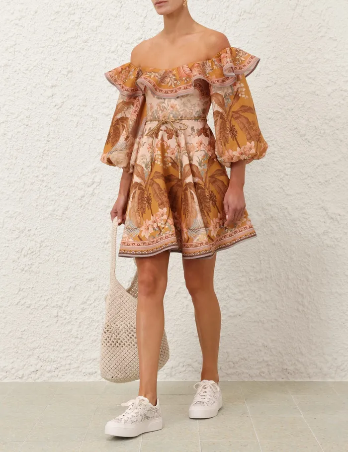 Women Zimmermann Clothing Wylie OffShoulder Mini Dress Mustard Floral