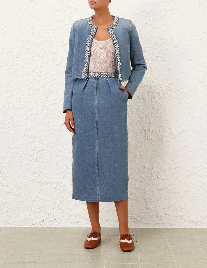 Women Zimmermann Denim Crush Embellished Denim Skirt Blue Moon