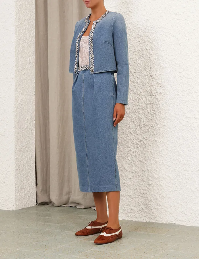 Women Zimmermann Denim Crush Embellished Denim Skirt Blue Moon