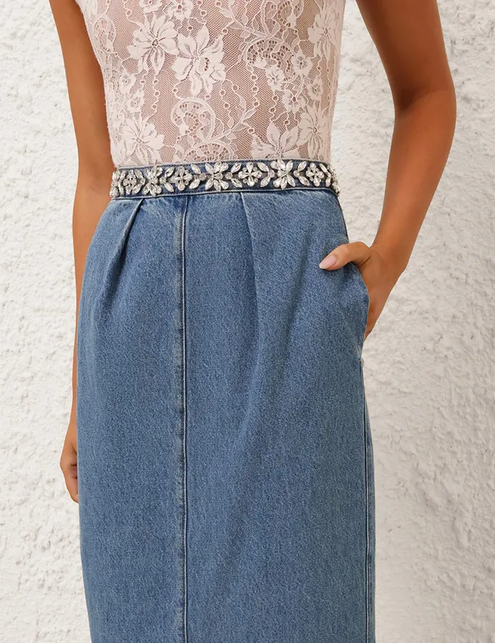 Women Zimmermann Denim Crush Embellished Denim Skirt Blue Moon