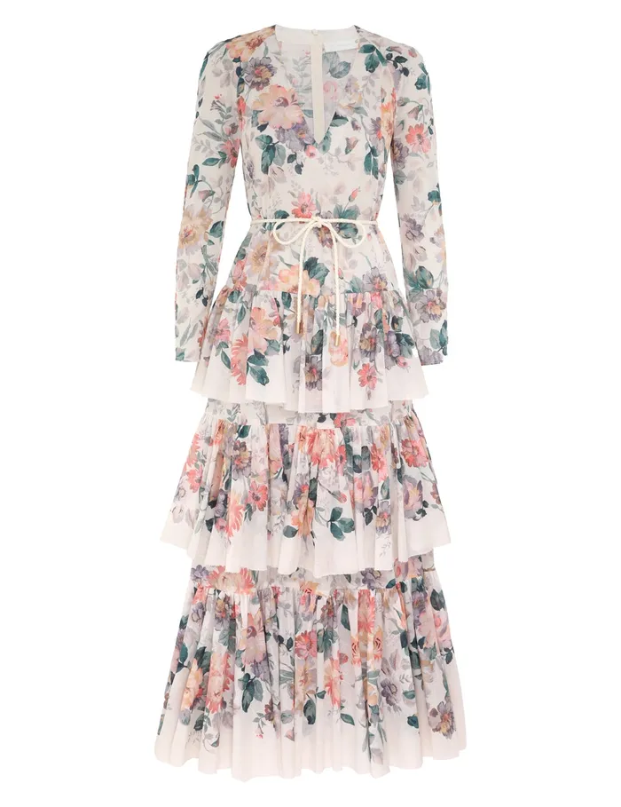 Women Zimmermann Dresses and Coverups Acacia Tiered Maxi Dress Cream Multi Floral