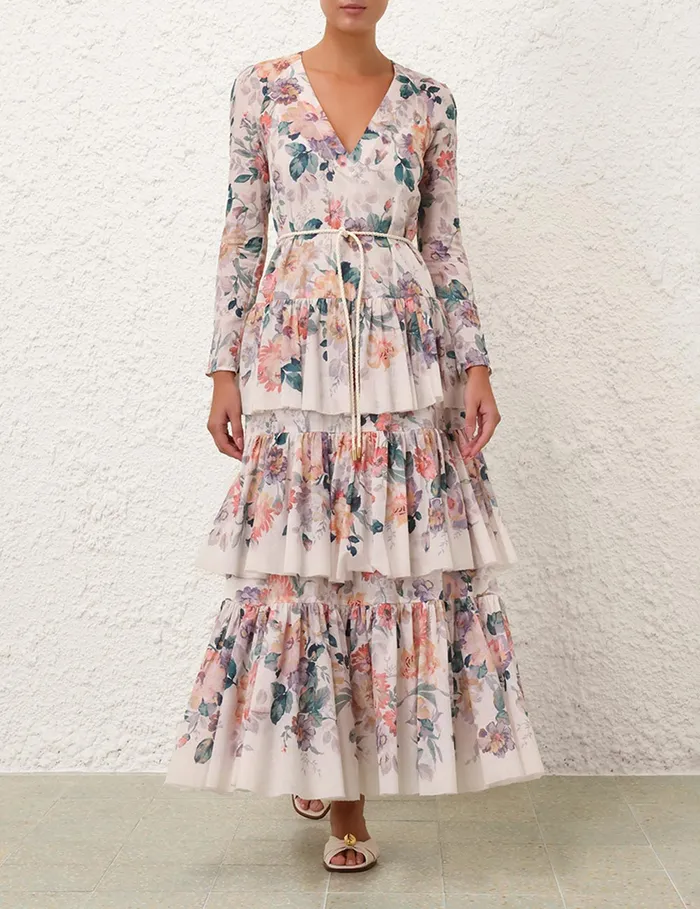 Women Zimmermann Dresses and Coverups Acacia Tiered Maxi Dress Cream Multi Floral