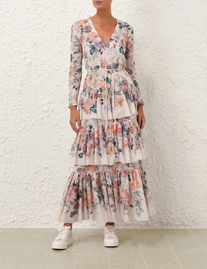Women Zimmermann Dresses and Coverups Acacia Tiered Maxi Dress Cream Multi Floral