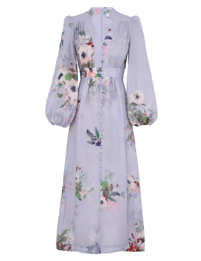 Women Zimmermann Dresses and Coverups Everley Plunge Midi Dress Light Blue Watercolour Floral