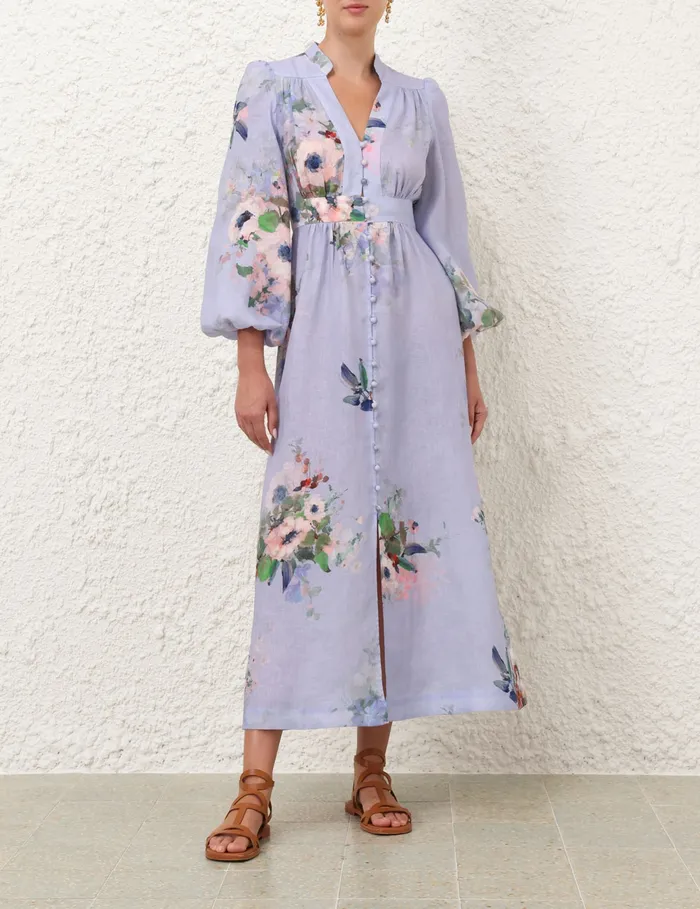 Women Zimmermann Dresses and Coverups Everley Plunge Midi Dress Light Blue Watercolour Floral