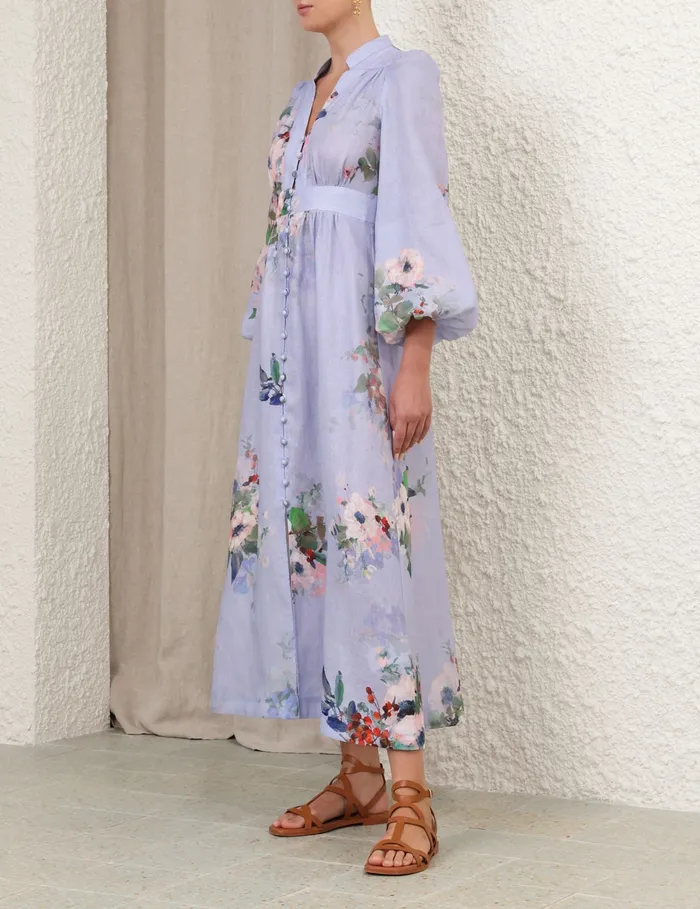 Women Zimmermann Dresses and Coverups Everley Plunge Midi Dress Light Blue Watercolour Floral