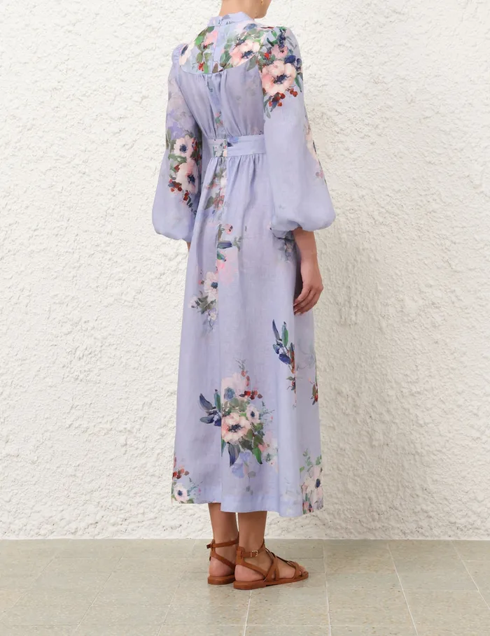 Women Zimmermann Dresses and Coverups Everley Plunge Midi Dress Light Blue Watercolour Floral