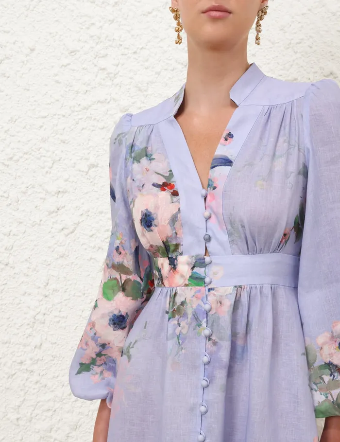 Women Zimmermann Dresses and Coverups Everley Plunge Midi Dress Light Blue Watercolour Floral