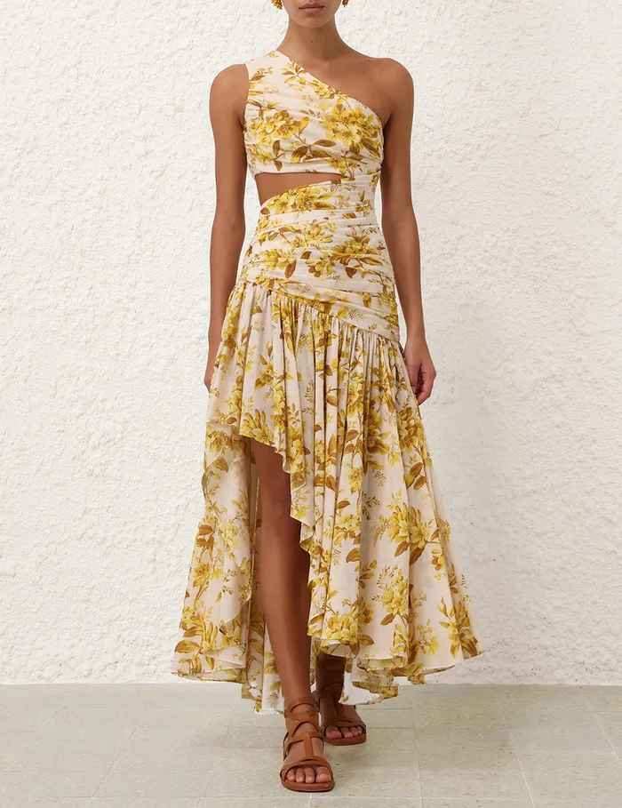 Women Zimmermann Dresses and Coverups Golden Asymmetric Dress Yellow Toile Floral
