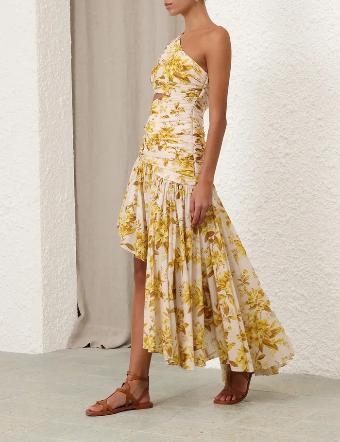 Women Zimmermann Dresses and Coverups Golden Asymmetric Dress Yellow Toile Floral