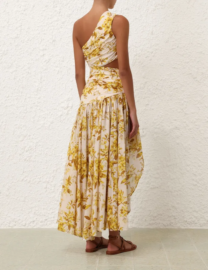 Women Zimmermann Dresses and Coverups Golden Asymmetric Dress Yellow Toile Floral
