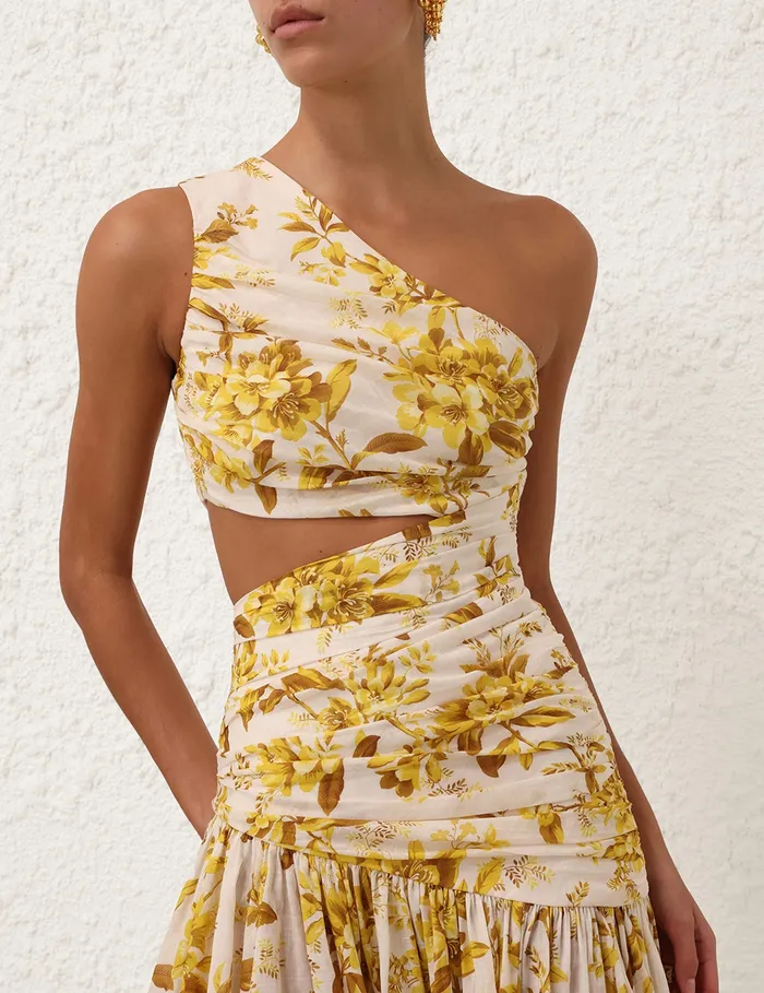 Women Zimmermann Dresses and Coverups Golden Asymmetric Dress Yellow Toile Floral